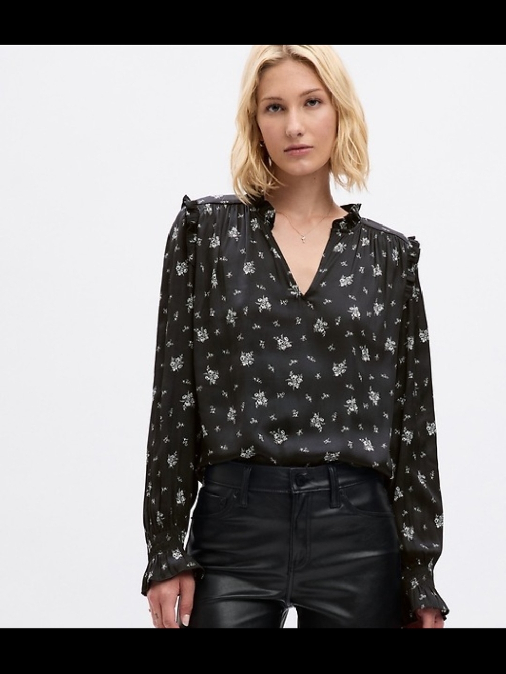 GAP Black Floral V-Neck Long-Sleeve Blouse